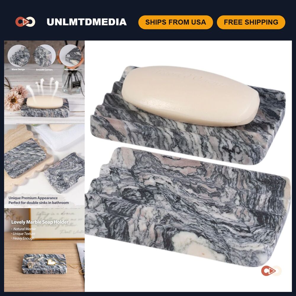 2 Pcs Marble Soap Dish Set, Wavy Design Soap Holder for Bathroom & Kitchen Count